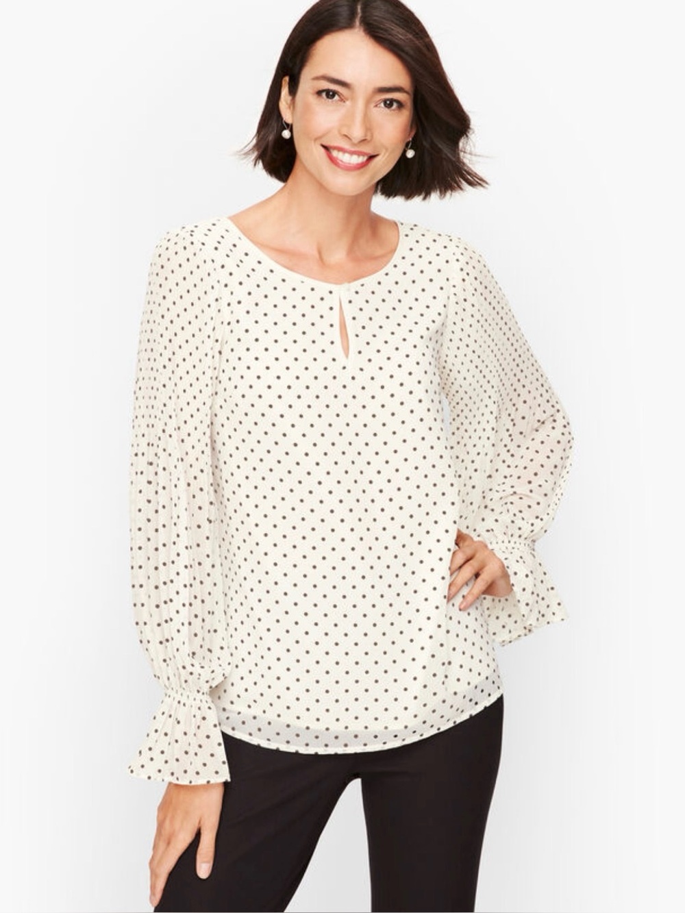 NWT Talbots Gathered Sleeve Top Dot White Black Size Small Petite